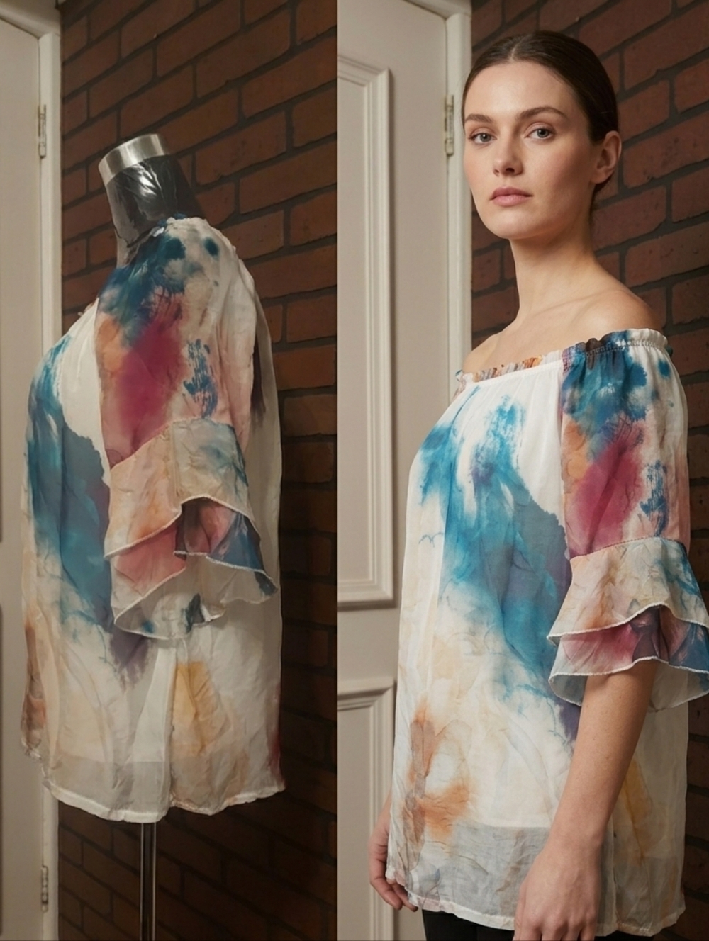 Boho Tie-Dye Peasant Blouse - Blue Multi